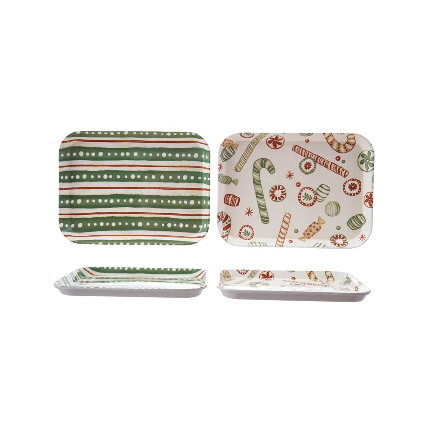 Bamboo Fiber Tray with Holiday Pattern, Feathered Farmhouse