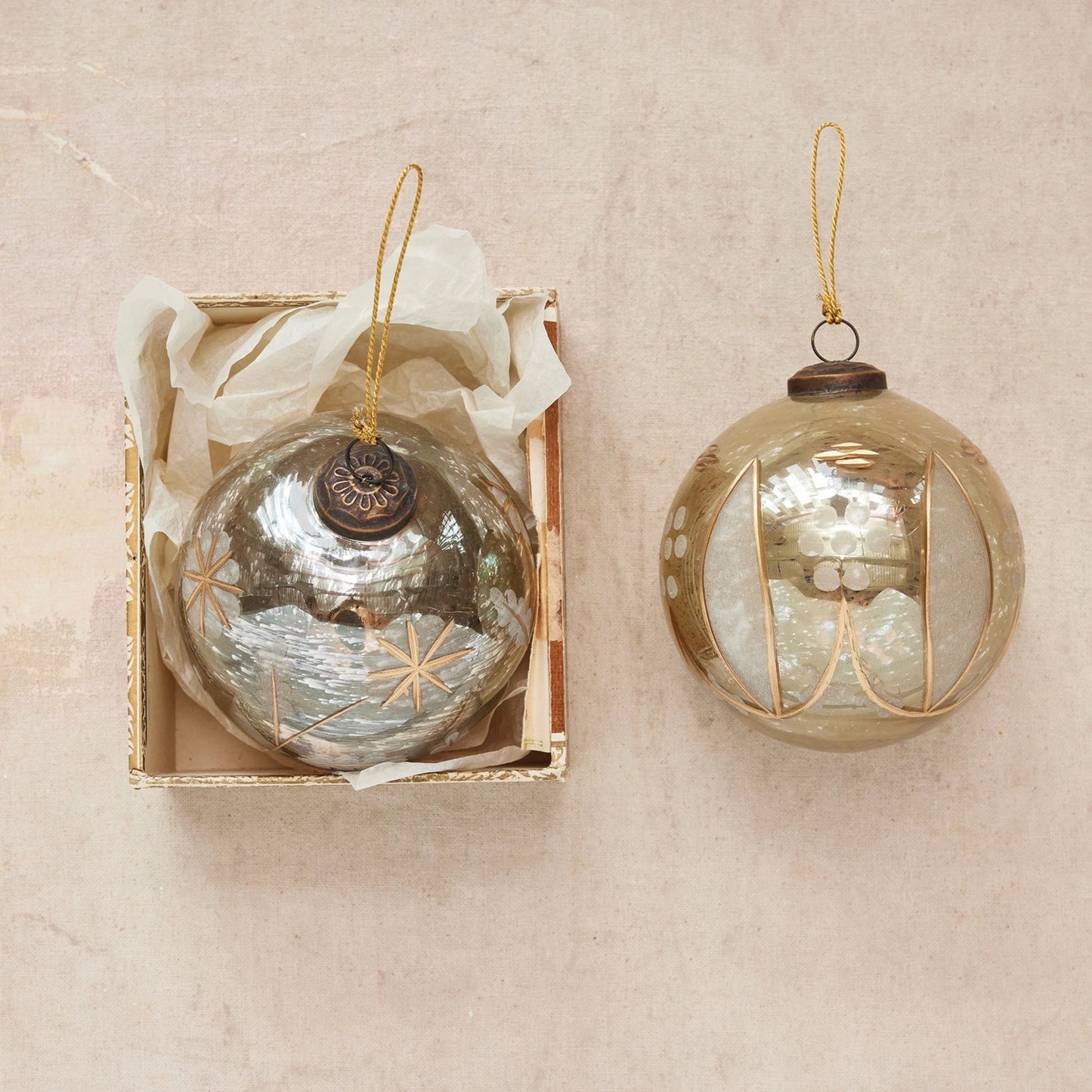 Etched Mercury Glass Ornament, Feathered Farmhouse