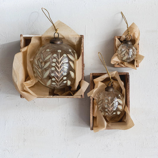 Hand-Painted Etched Glass Ball Ornament with Botanicals Design, Feathered Farmhouse