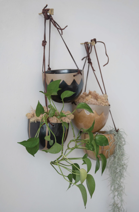 Hanging Stoneware Planters, Feathered Farmhouse