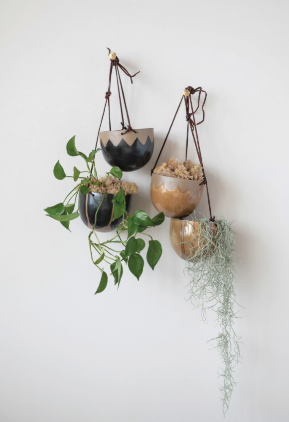 Hanging Stoneware Planters, Feathered Farmhouse