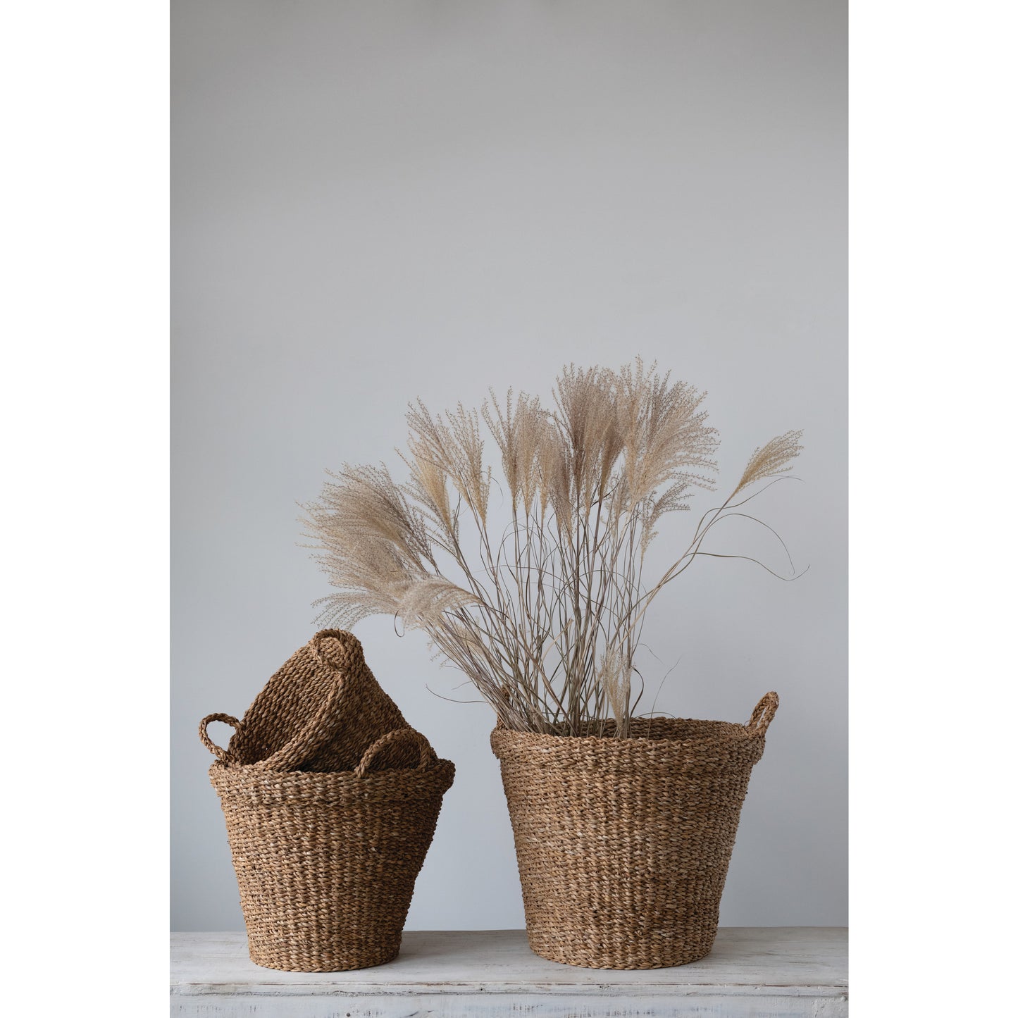 Hand-Woven Baskets with Handles, feathered farmhouse