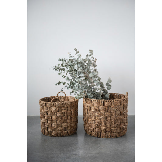 Hand-Woven Seagrass and Metal Baskets, feathered farmhouse