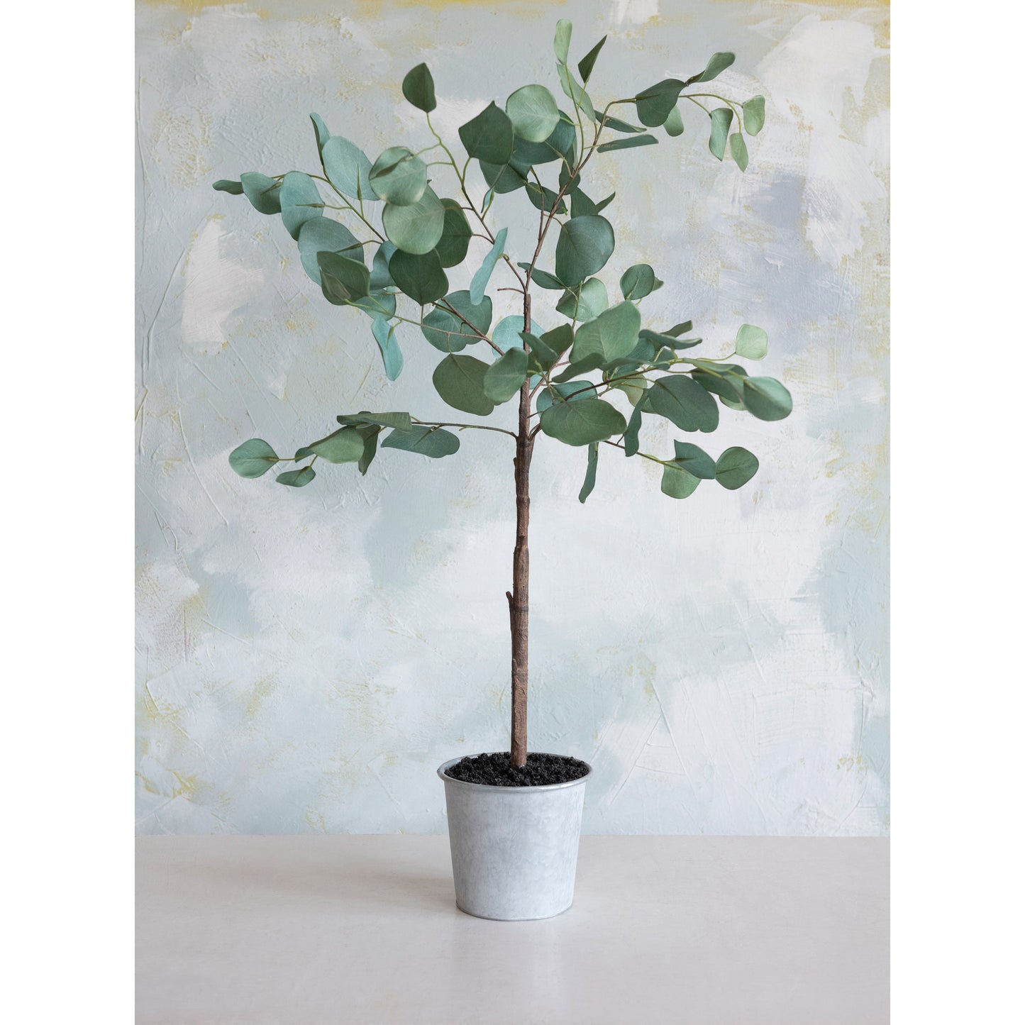 faux eucalyptus tree in pot, feathered farmhouse