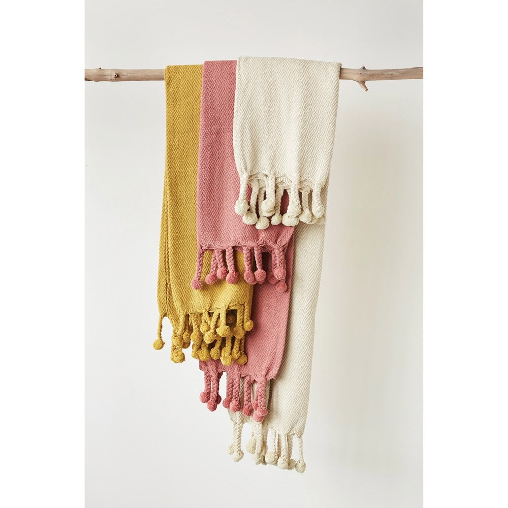 Braided Cream Pom Pom Throw