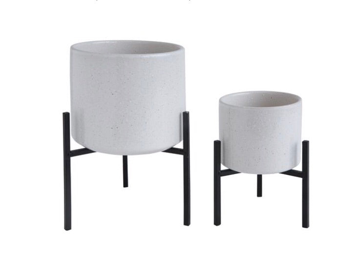 White Stoneware Planter with Stand