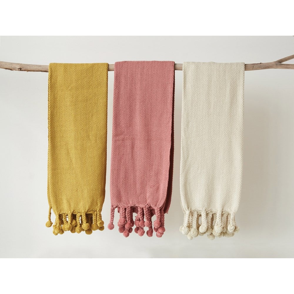 Braided Cream Pom Pom Throw