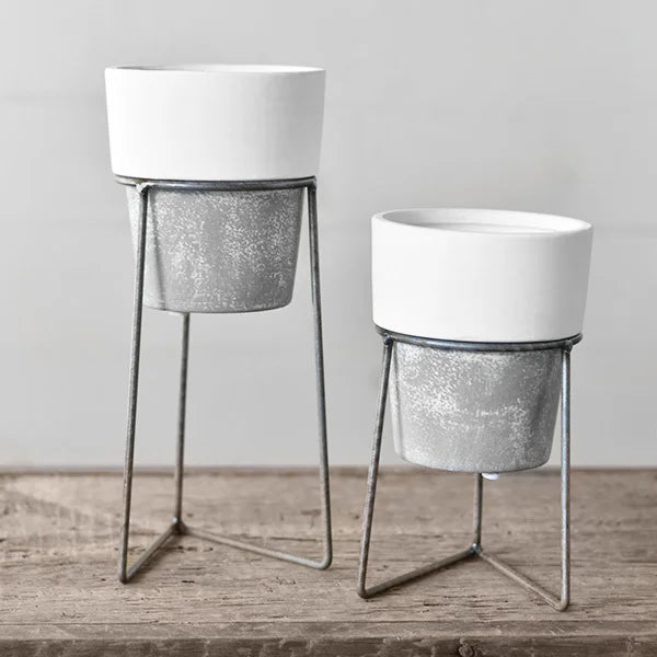 grey plant pot with stand Grey & White Planter on Stand