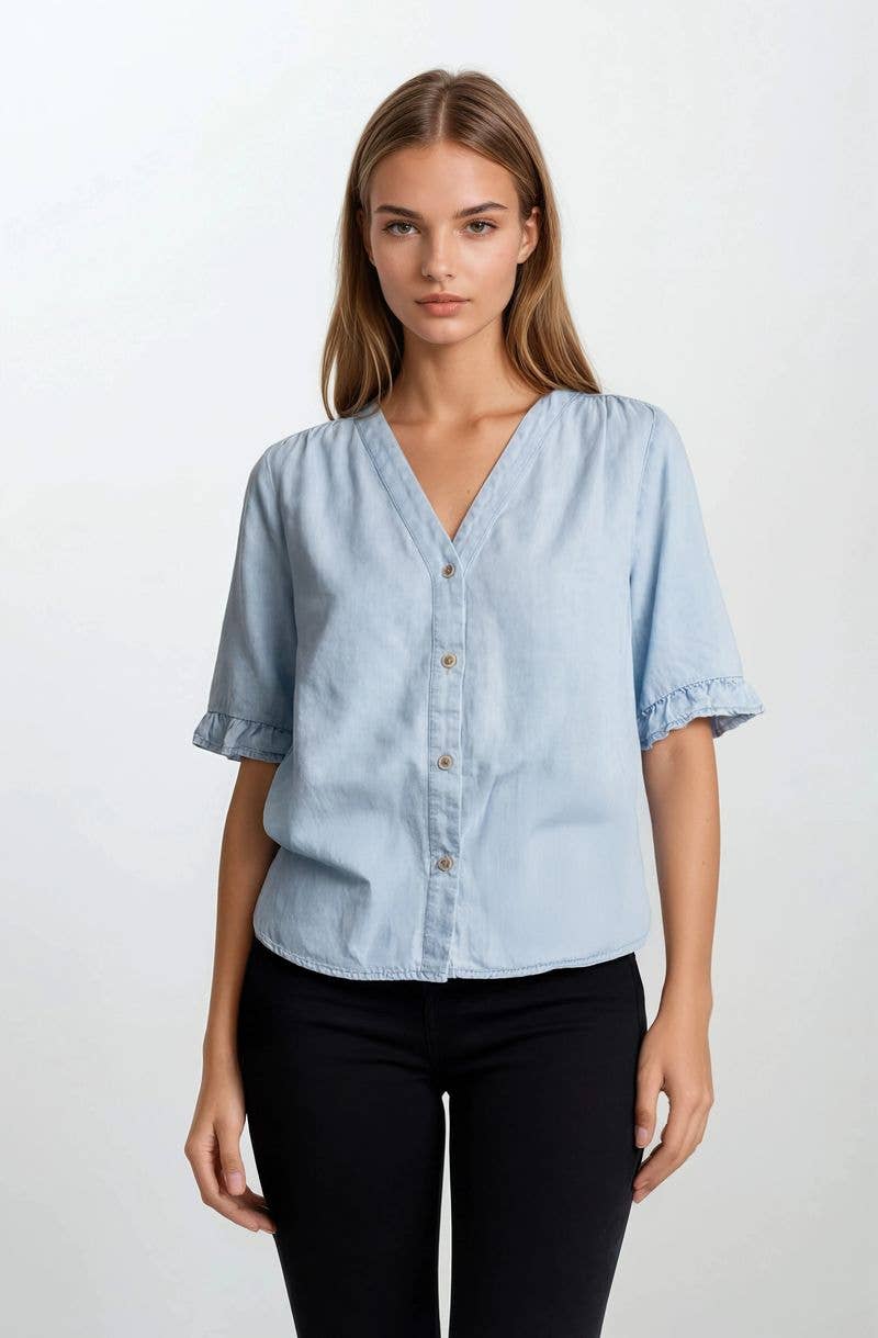 Light Wash Denim Ruffle Shirt