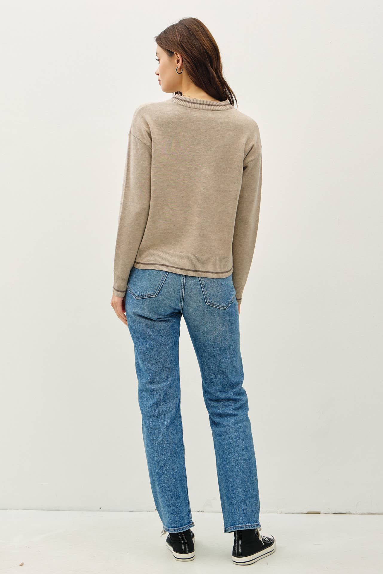 Crew Neck Sweater with Single Stripe, Feathered Farmhouse