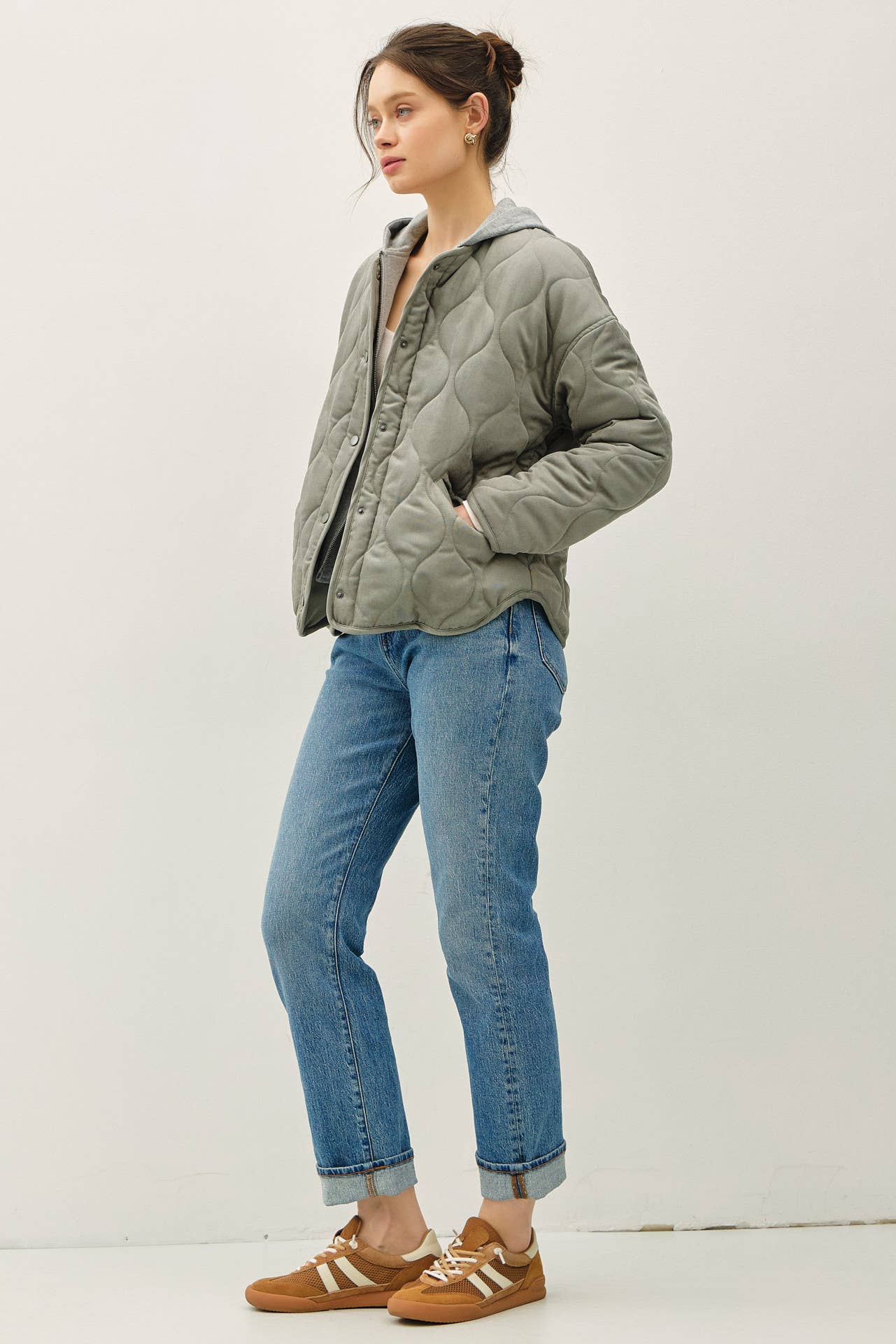Olive Quilted Jacket with Attachable Hood, Feathered Farmhouse