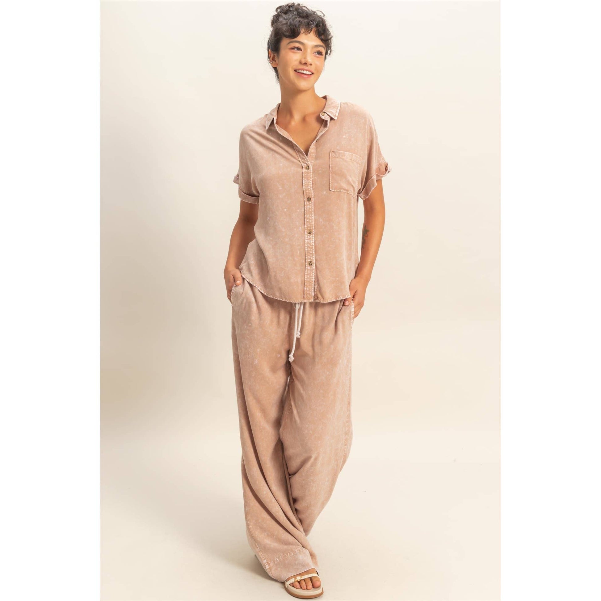 Mineral Wash Button-Up Dolman Sleeve Shirt, Feathered Farmhouse