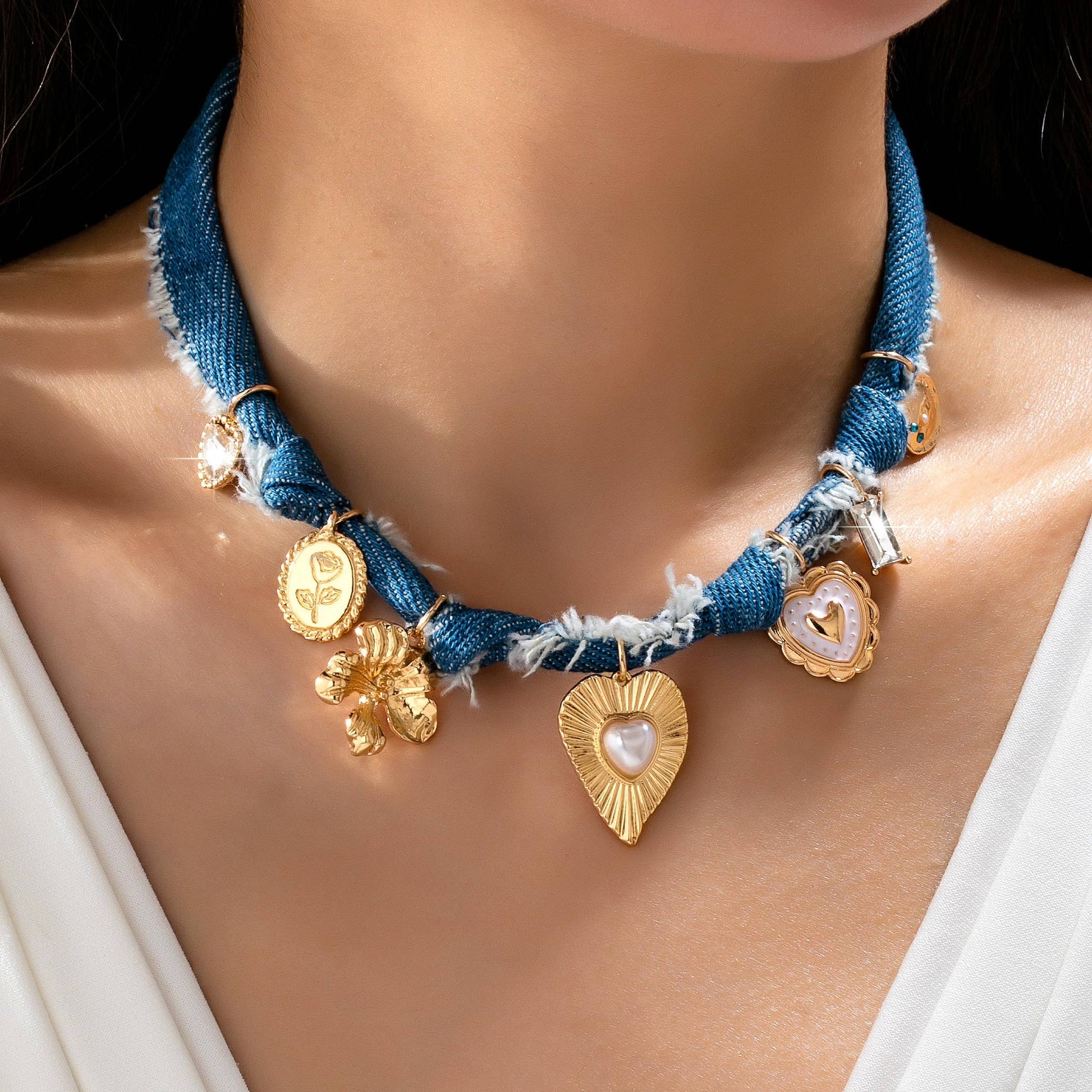 Distressed Denim Heart Floral Charm Necklace, Feathered Farmhouse