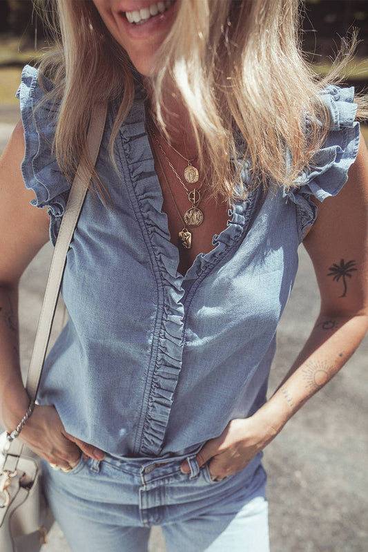 Ruffle Trim Chambray Tank Top, Feathered Farmhouse