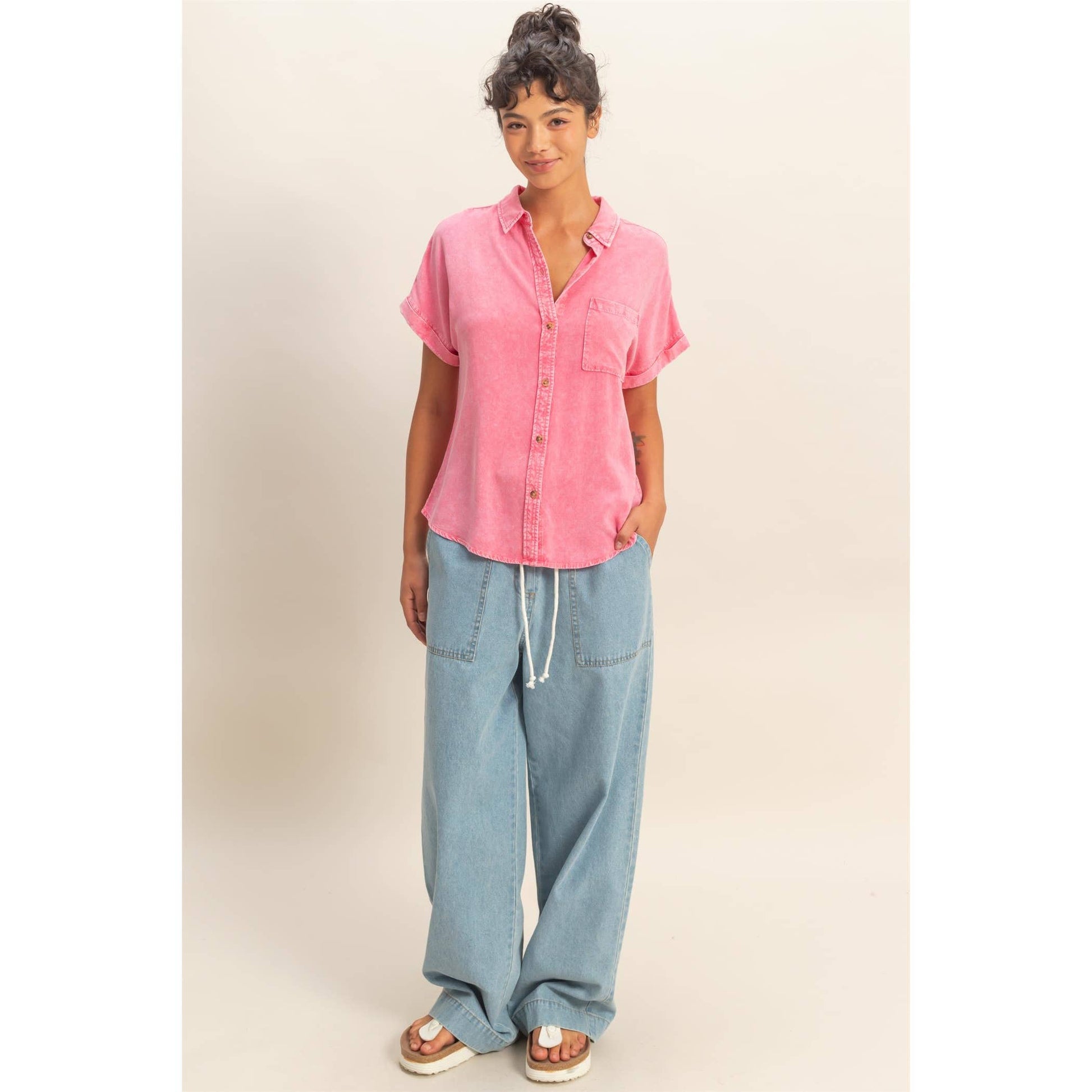 Mineral Wash Button-Up Dolman Sleeve Shirt, Feathered Farmhouse