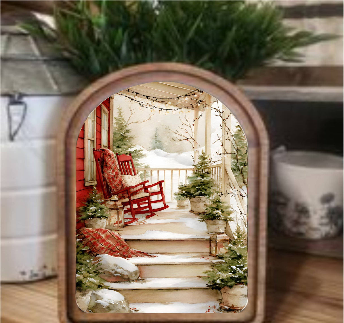 Cozy Christmas Porch Framed Arch Top, Feathered Farmhouse