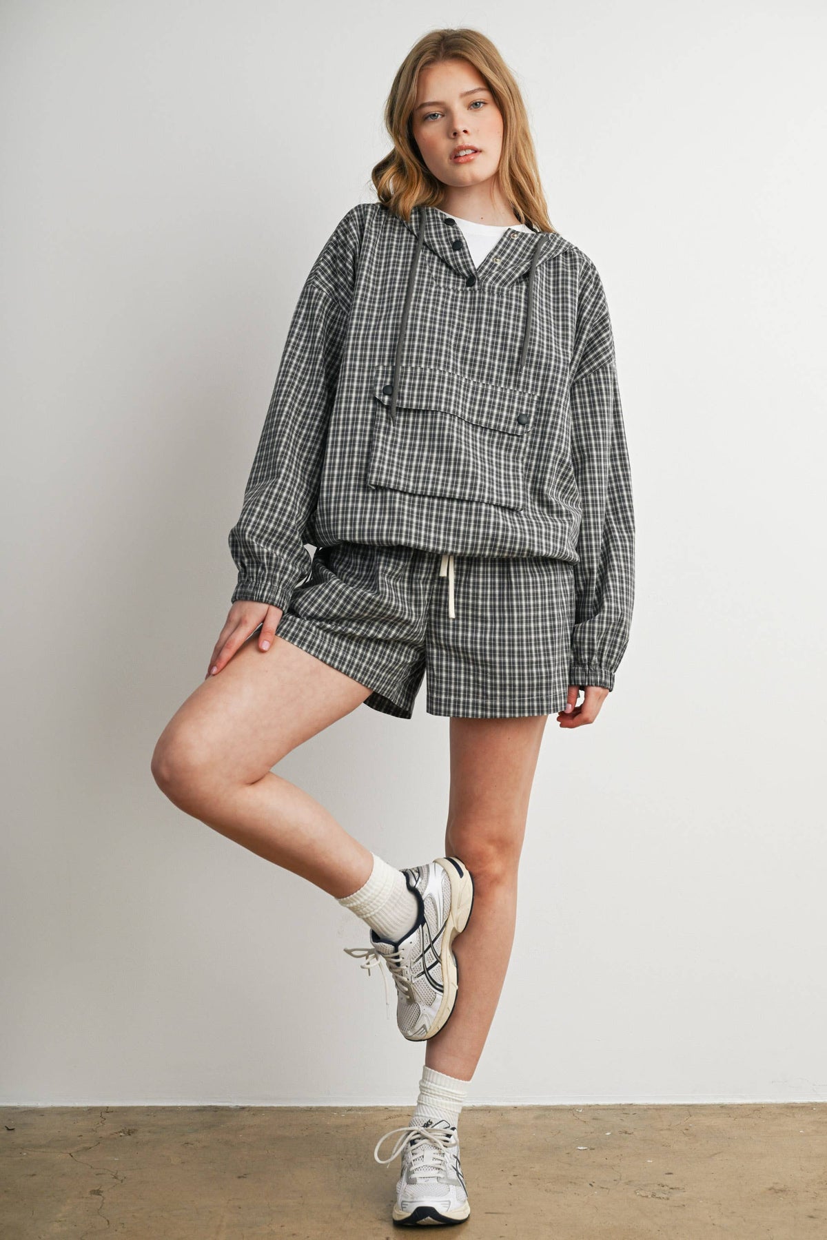 Check Hooded Anorak Top, Feathered Farmhouse