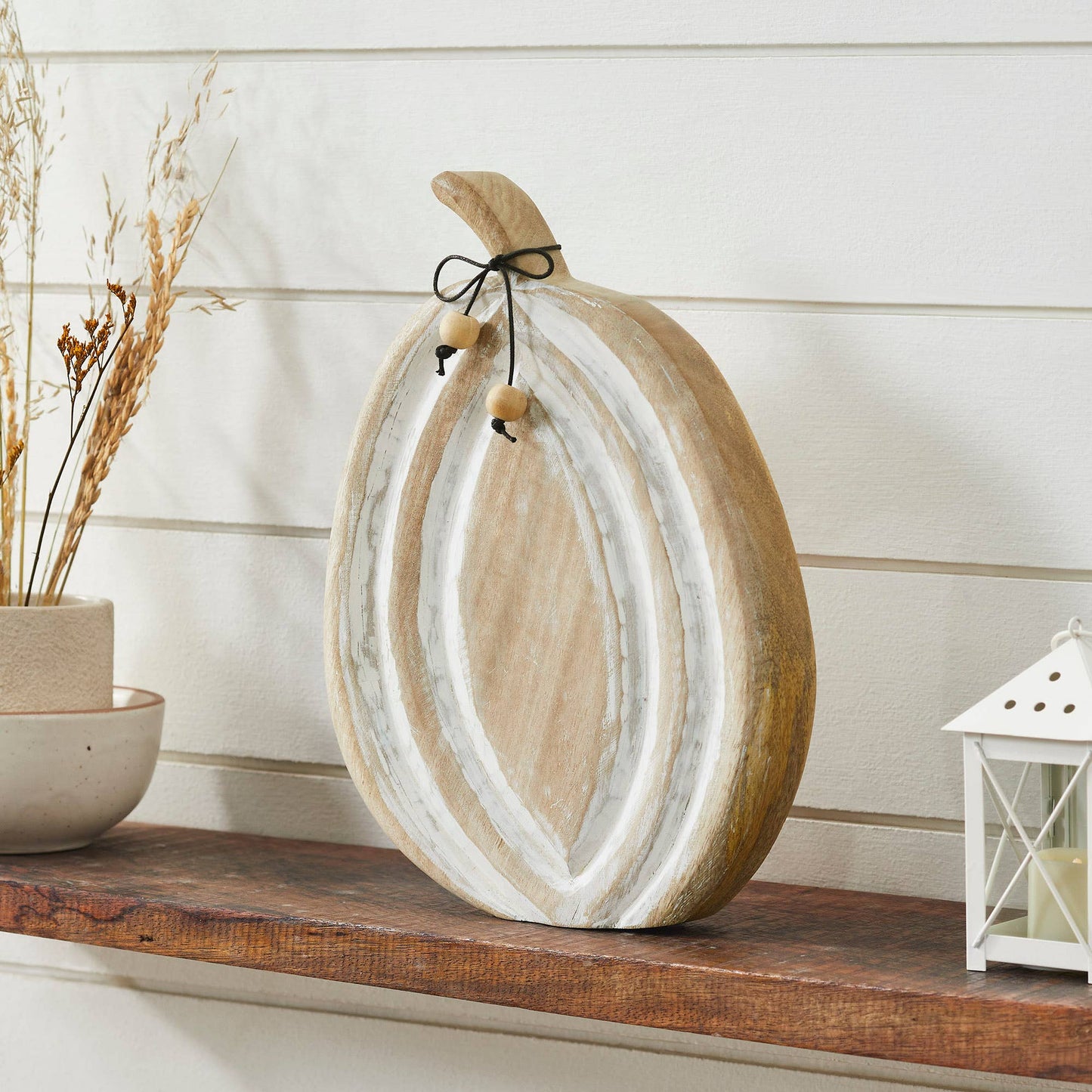 Wooden Mango Wood White Pumpkin, Feathered Farmhouse