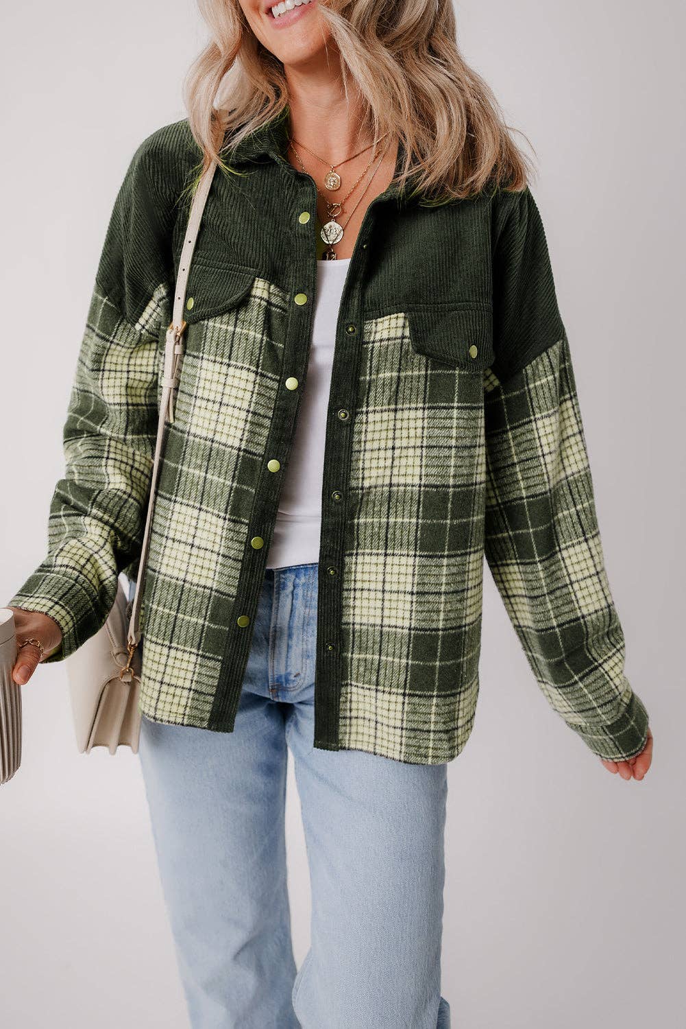 Blackish Green Snap Buttons Colorblock Plaid Shacket, Feathered Farmhouse