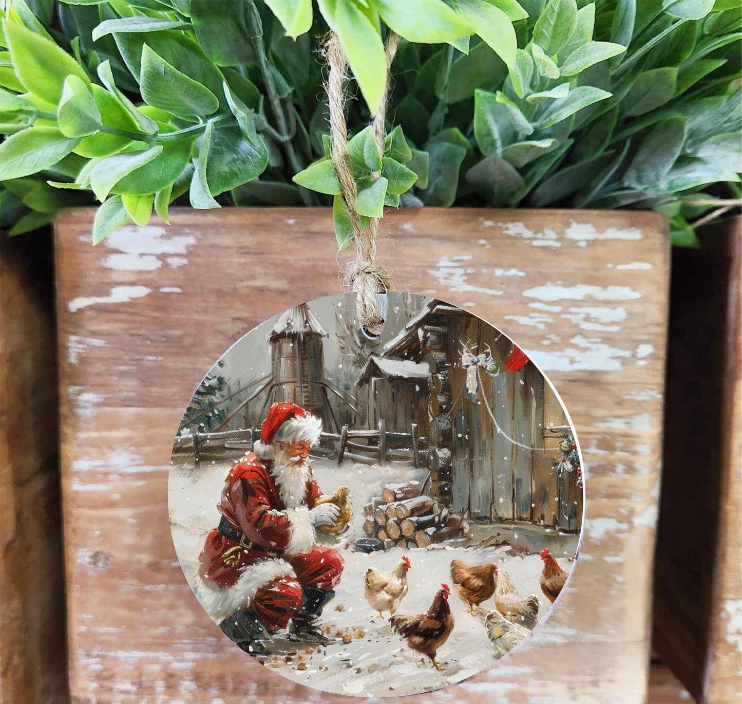 Santa With Chickens Wood Ornament, Feathered Farmhouse