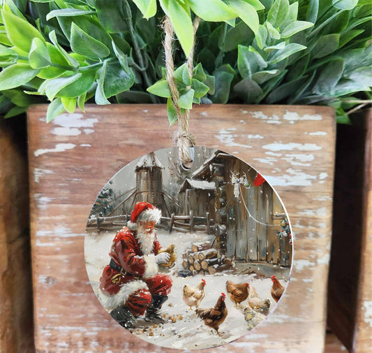 Santa With Chickens Wood Ornament, Feathered Farmhouse