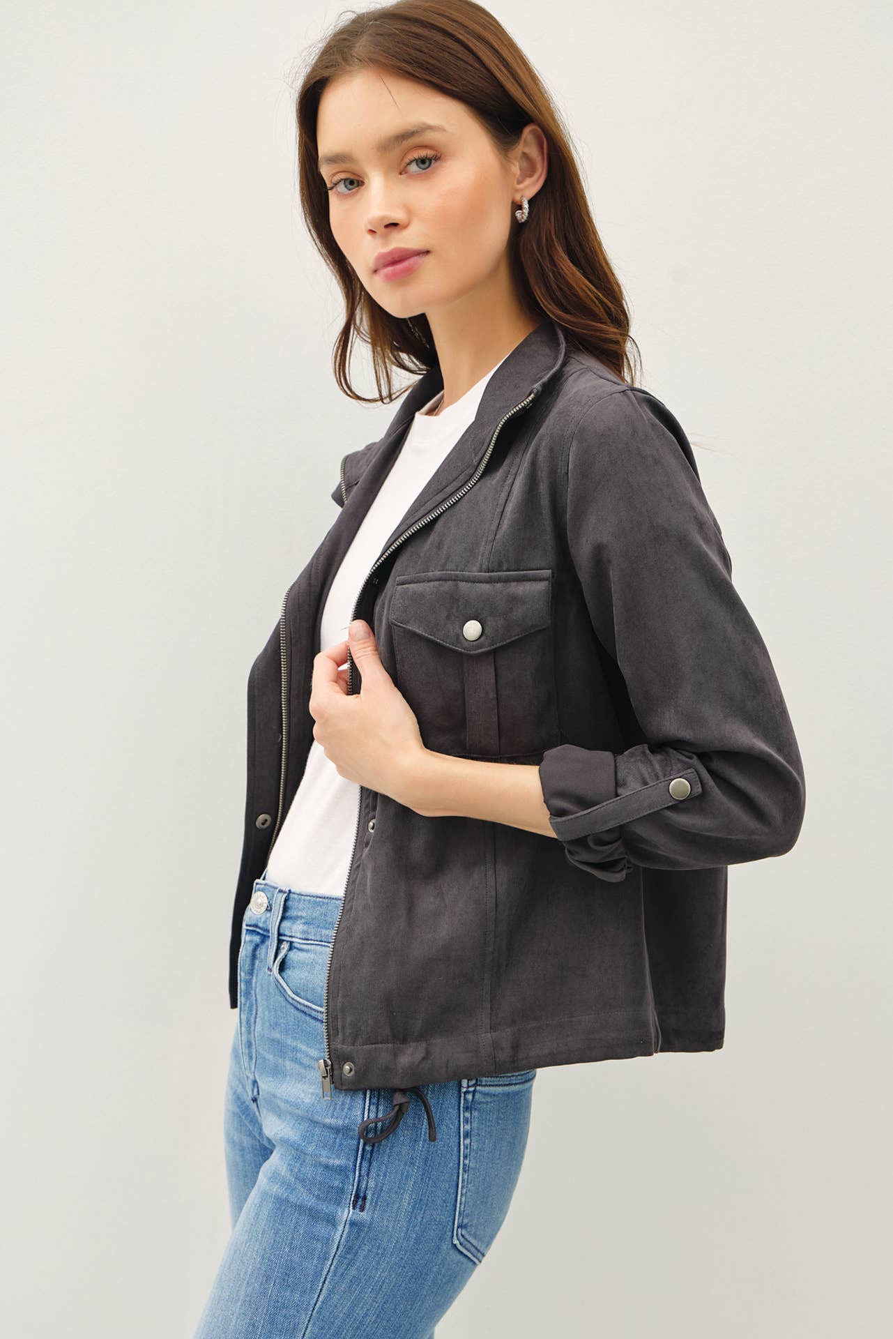 Cropped Utility Zipper Safari Jacket, Feathered Farmhouse