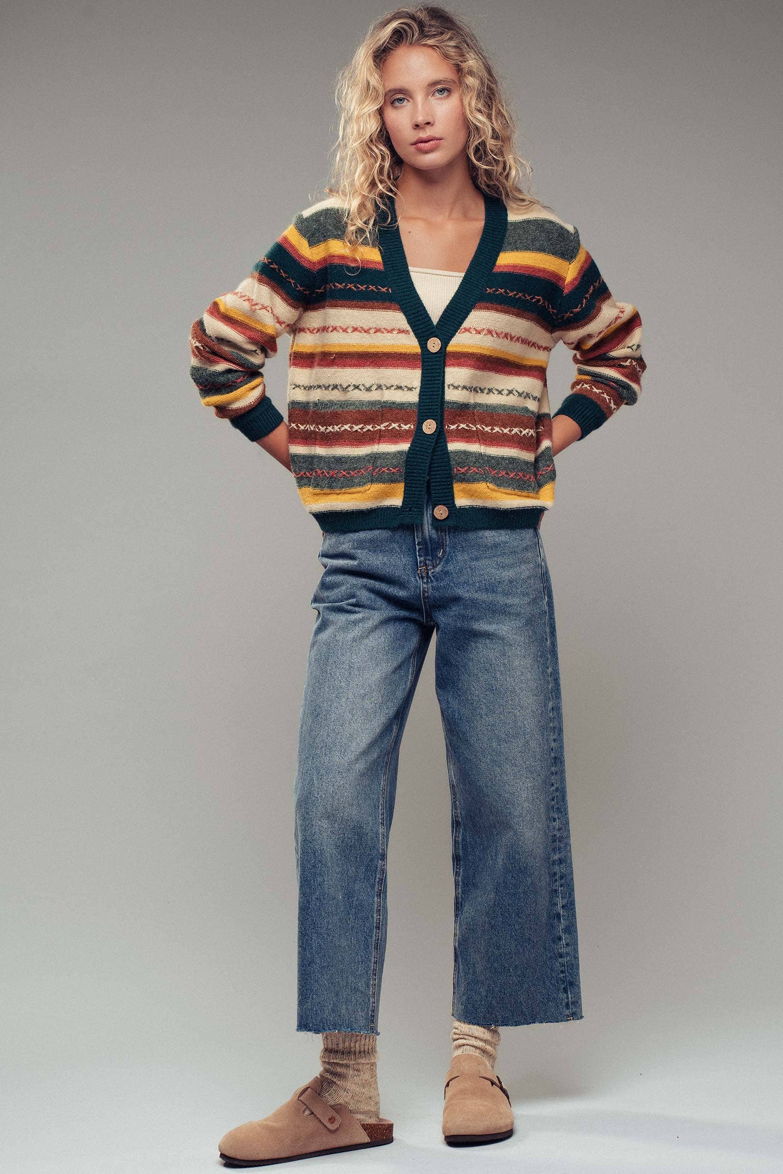 Rustic Striped Jacquard Knit Cardigan, Feathered Farmhouse