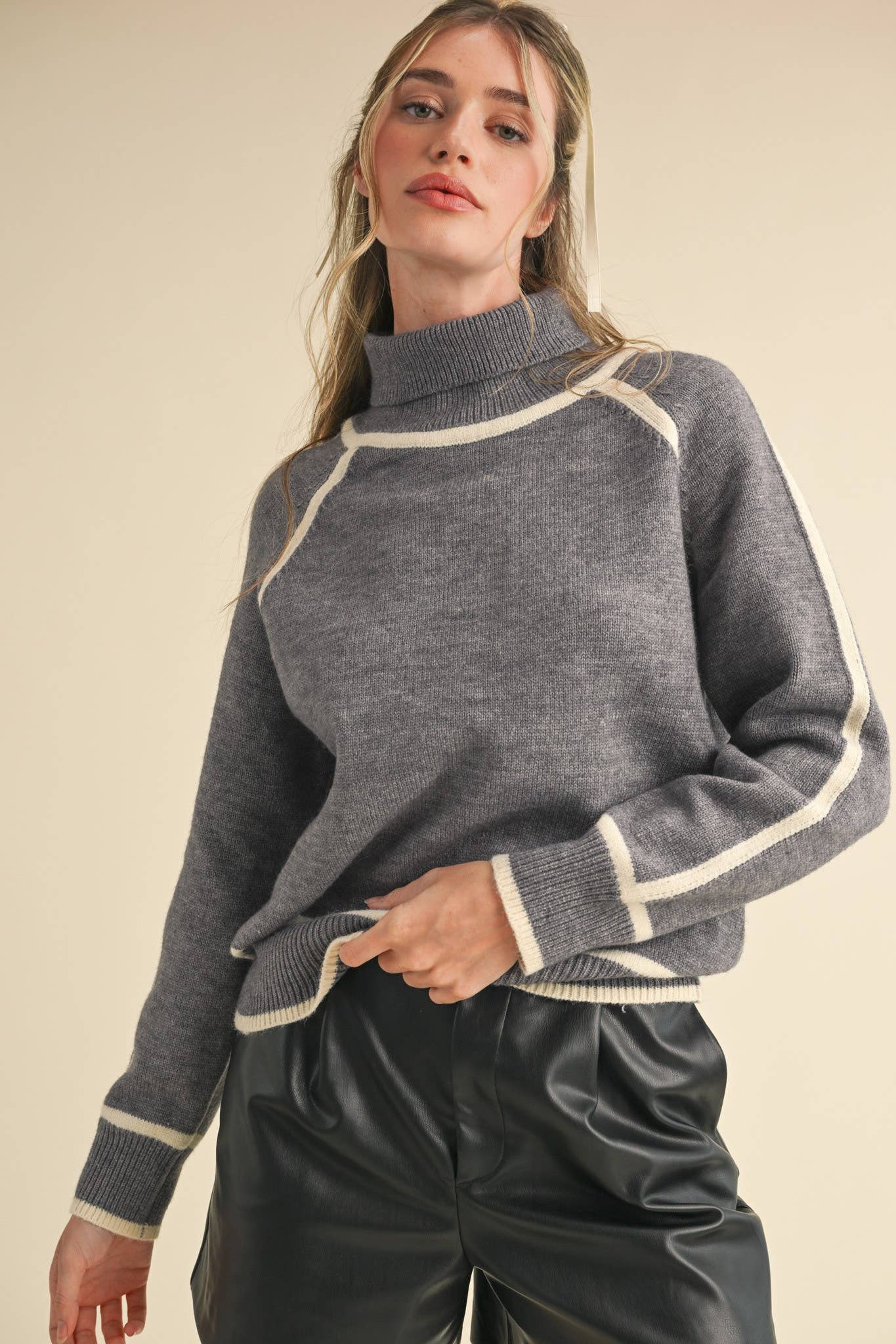 Contrast Trim Turtleneck Sweater, Feathered Farmhouse