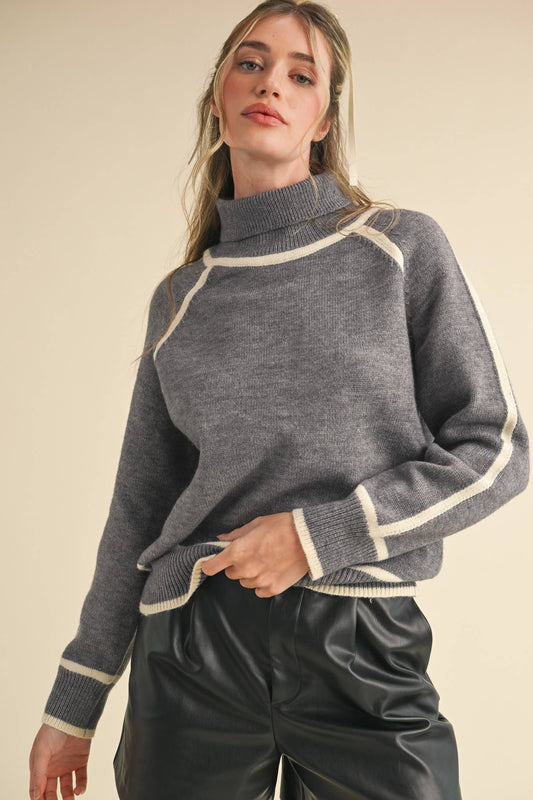 Contrast Trim Turtleneck Sweater, Feathered Farmhouse