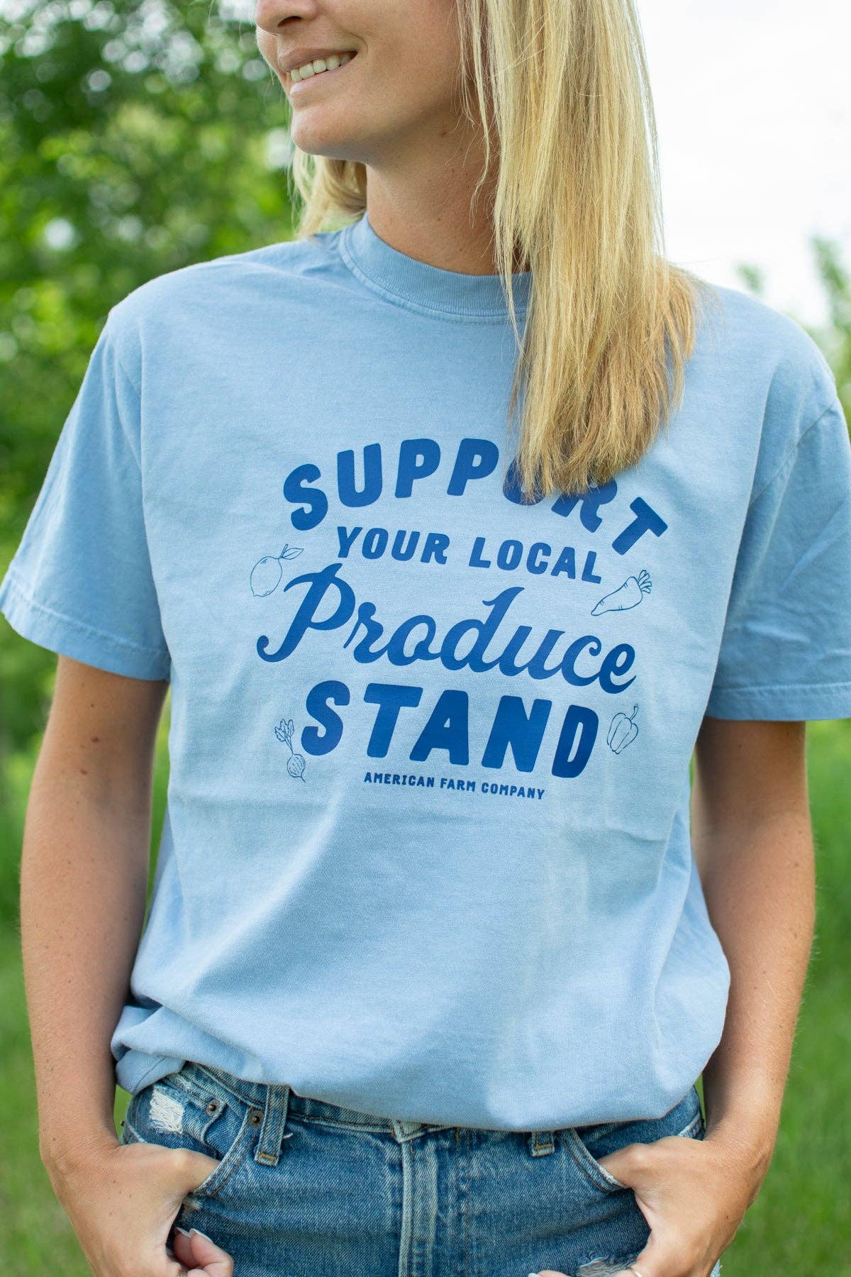 Summer 'Support Your Local Produce Stand' Blue Graphic Tee, Feathered Farmhouse