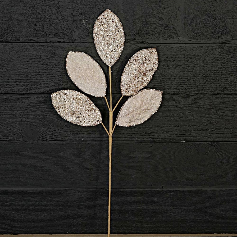 Champagne Beaded Metallic Velvet Magnolia Leaves, Feathered Farmhouse