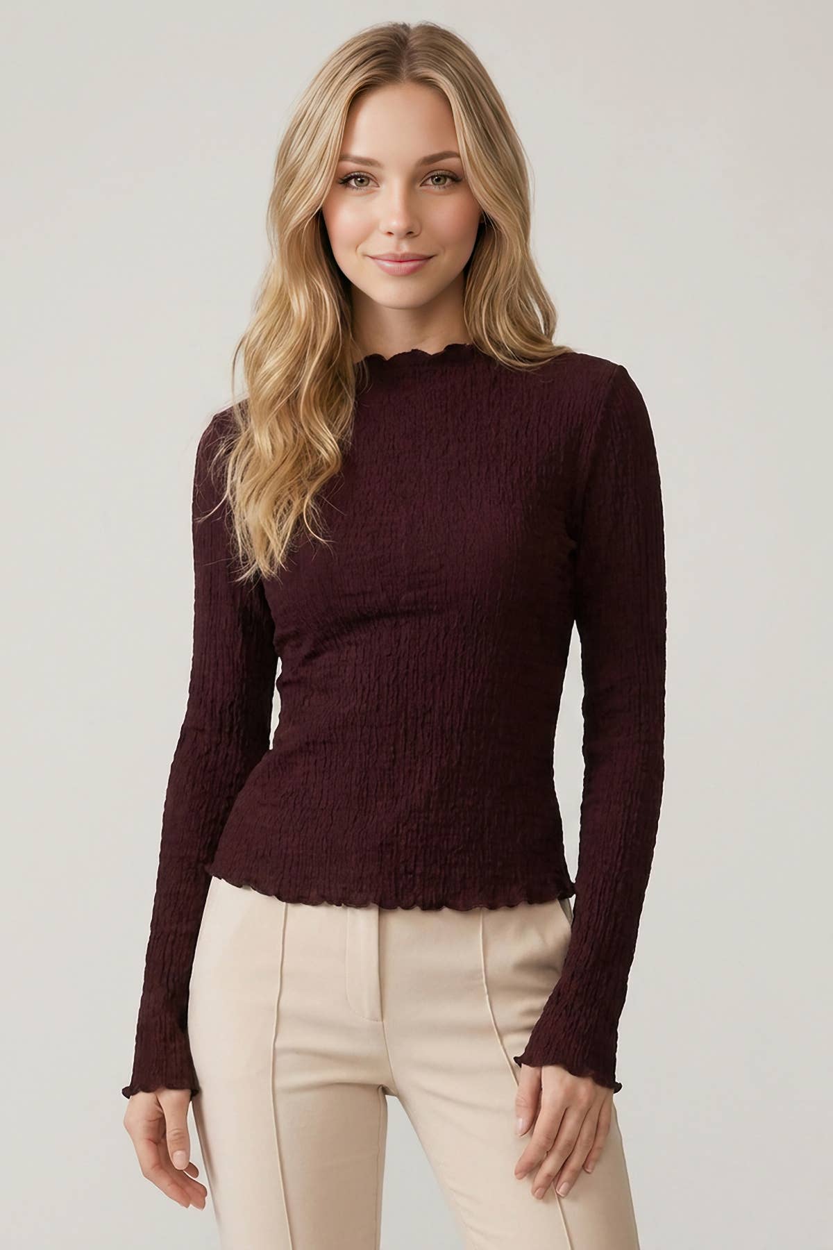 Burgundy Hailey Mock Neck Top, Feathered Farmhouse
