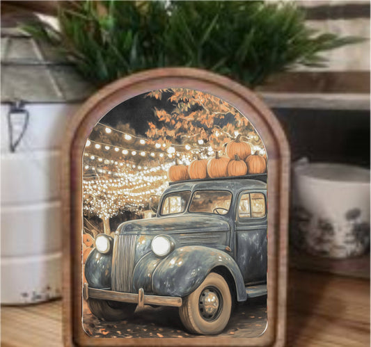 Fall Truck Framed Art Arch Top, Feathered Farmhouse