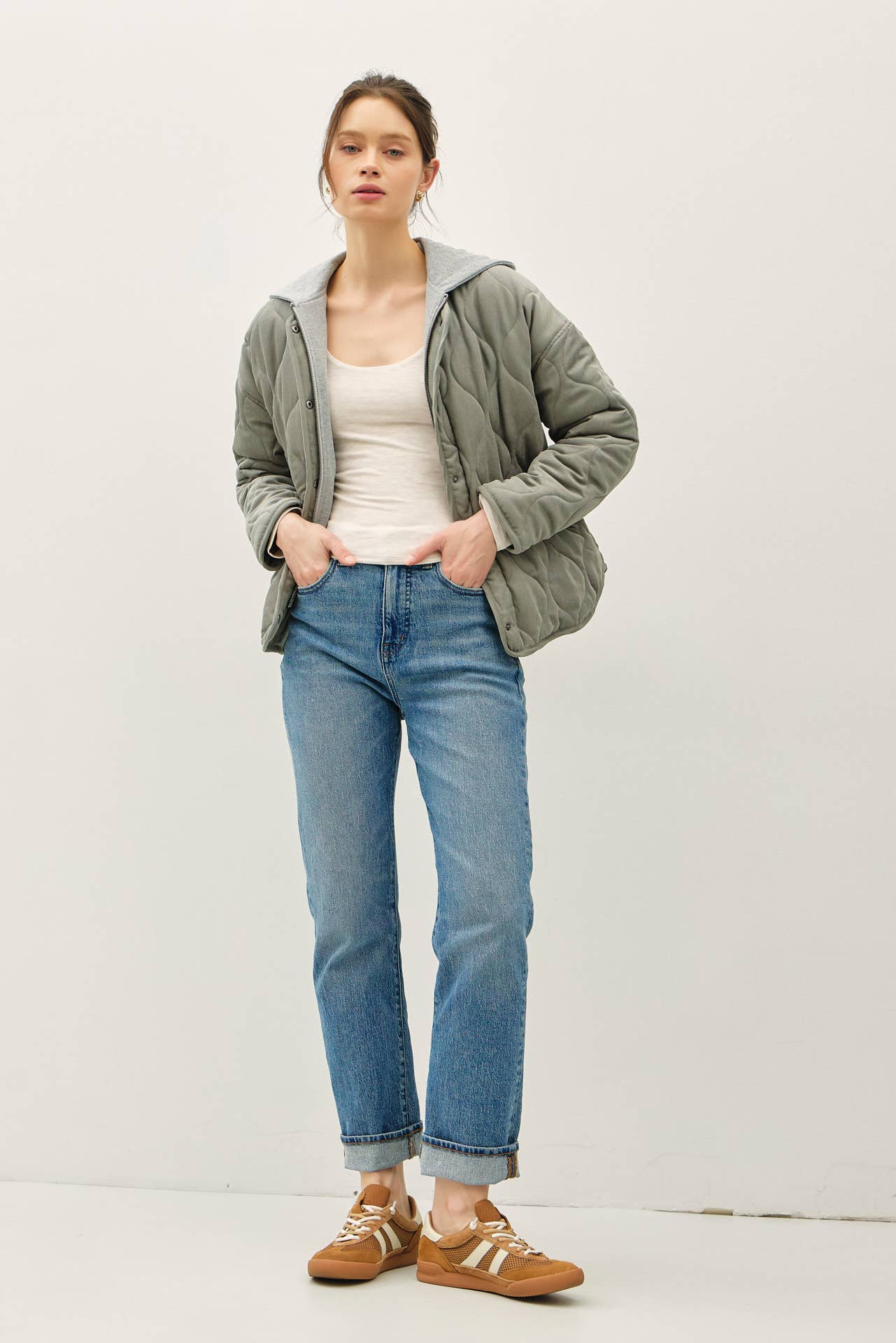 Olive Quilted Jacket with Attachable Hood, Feathered Farmhouse