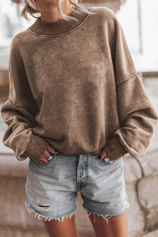 Solid Color Drop Shoulder Crew Neck Pullover Sweatshirt, Feathered Farmhouse