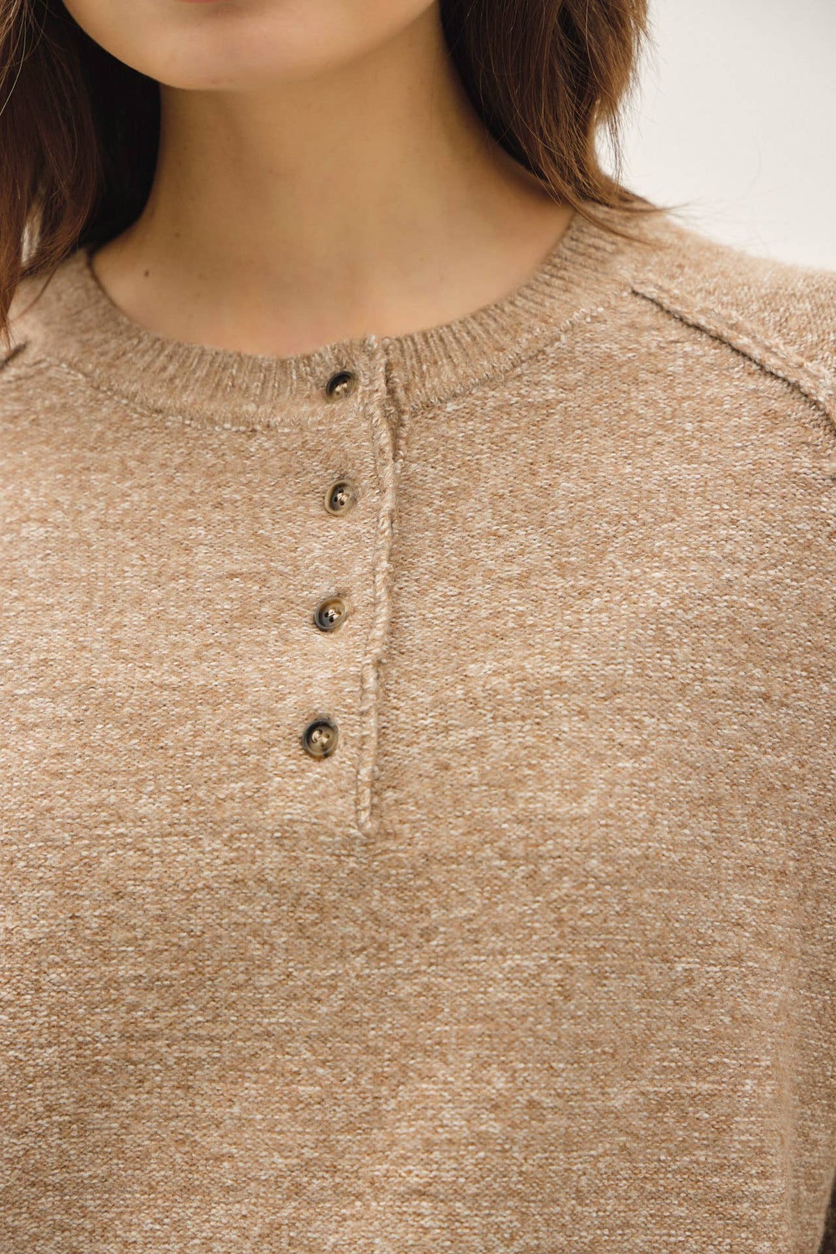 Latte Alpine Ultra Cozy Henley Sweater Top, Feathered Farmhouse