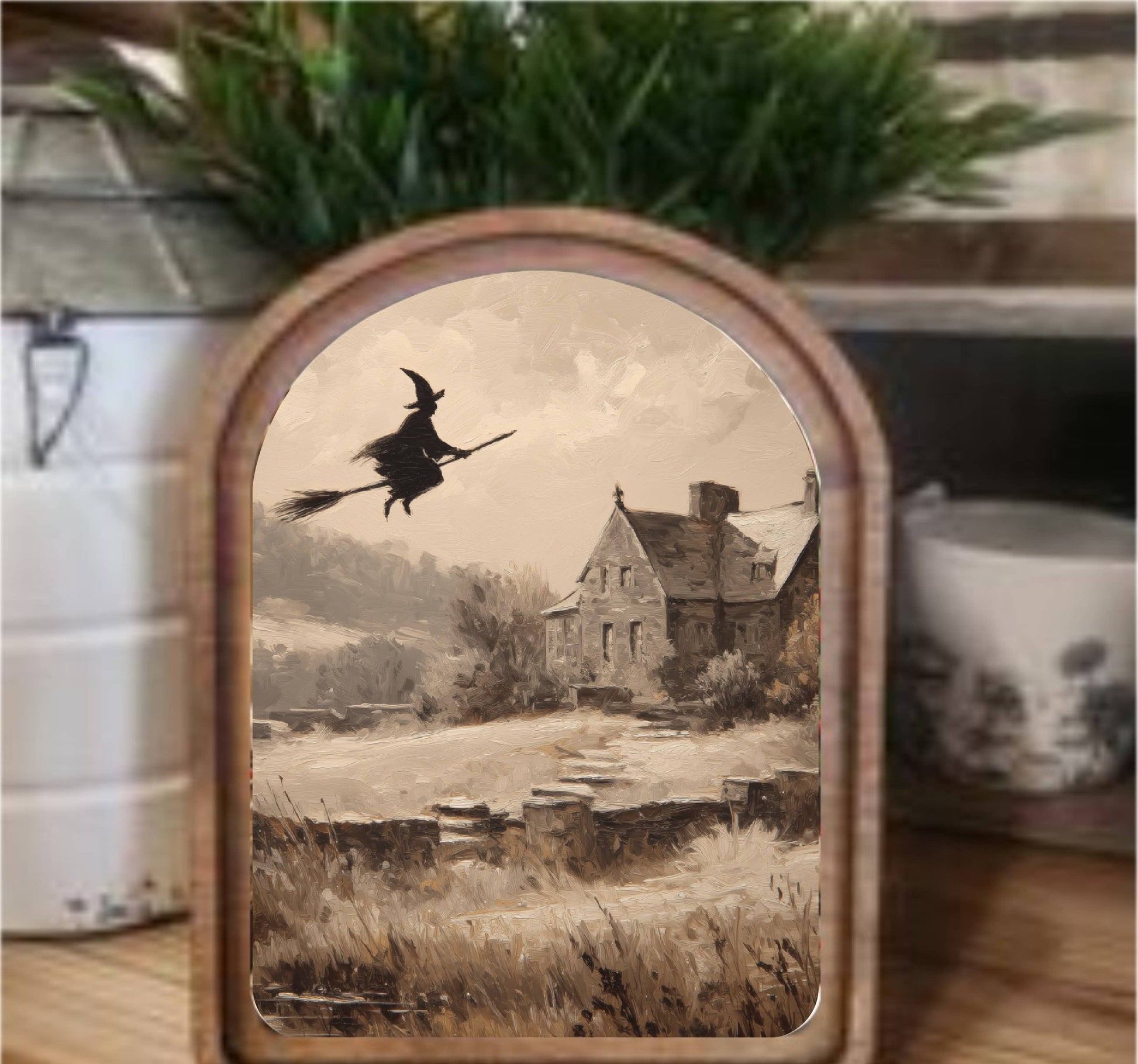 Flying Witch Framed Arch Top, Feathered Farmhouse