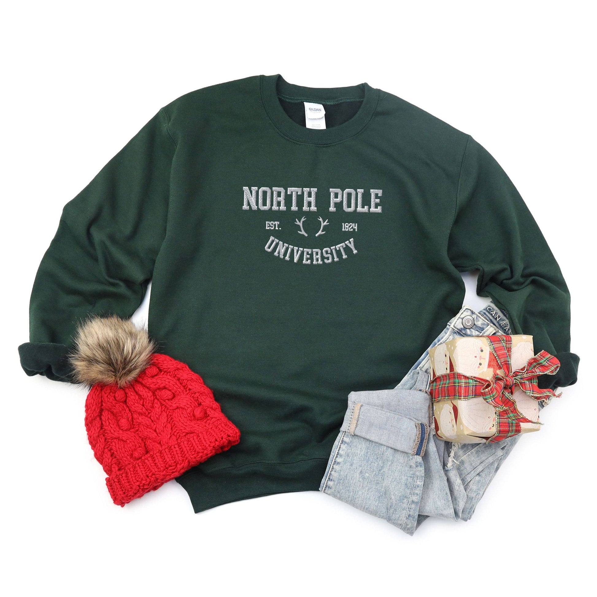 Embroidered North Pole University Sweatshirt, Feathered Farmhouse