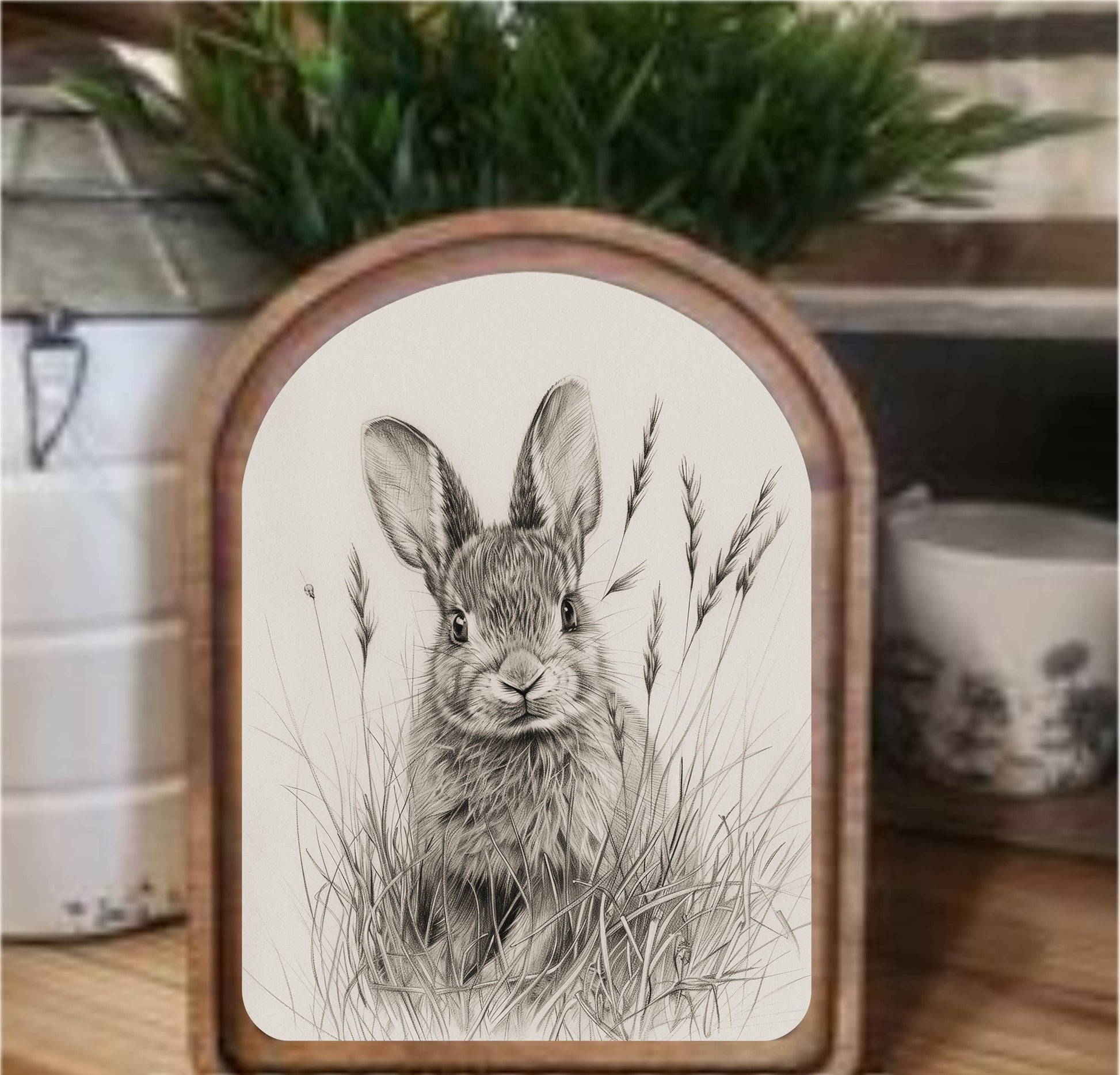 Bunny Sketch Framed Art Arch Top, Feathered Farmhouse