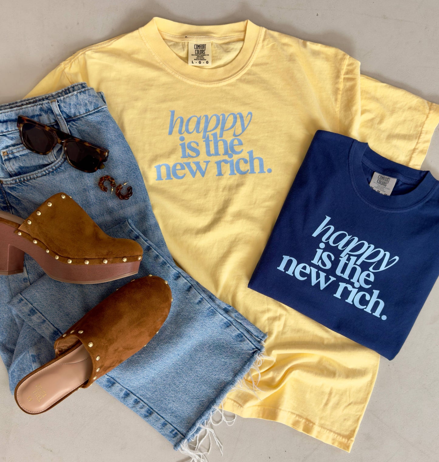Happy Is The New Rich Tee, Feathered Farmhouse