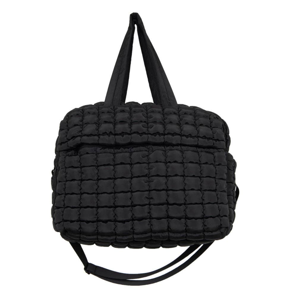 Black Quilted Duffel Weekender Bag w/ Pass-Thru Slip