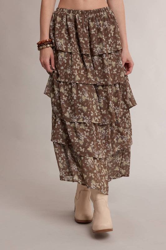 Ditsy Floral Ruffle Tiered Maxi Skirt, Feathered Farmhouse