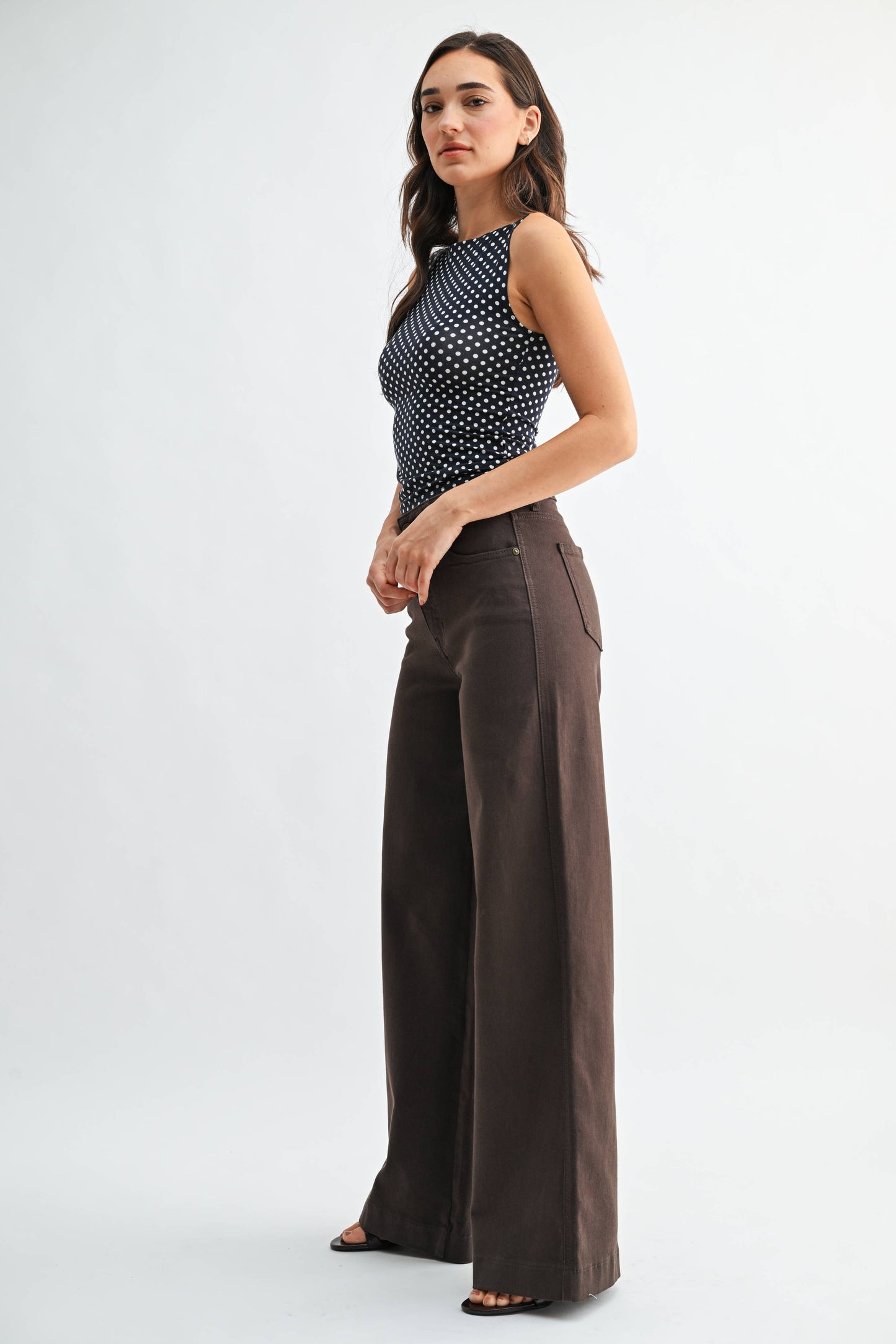 Dark Brown High Rise Full Length Wide Leg, Feathered Farmhouse