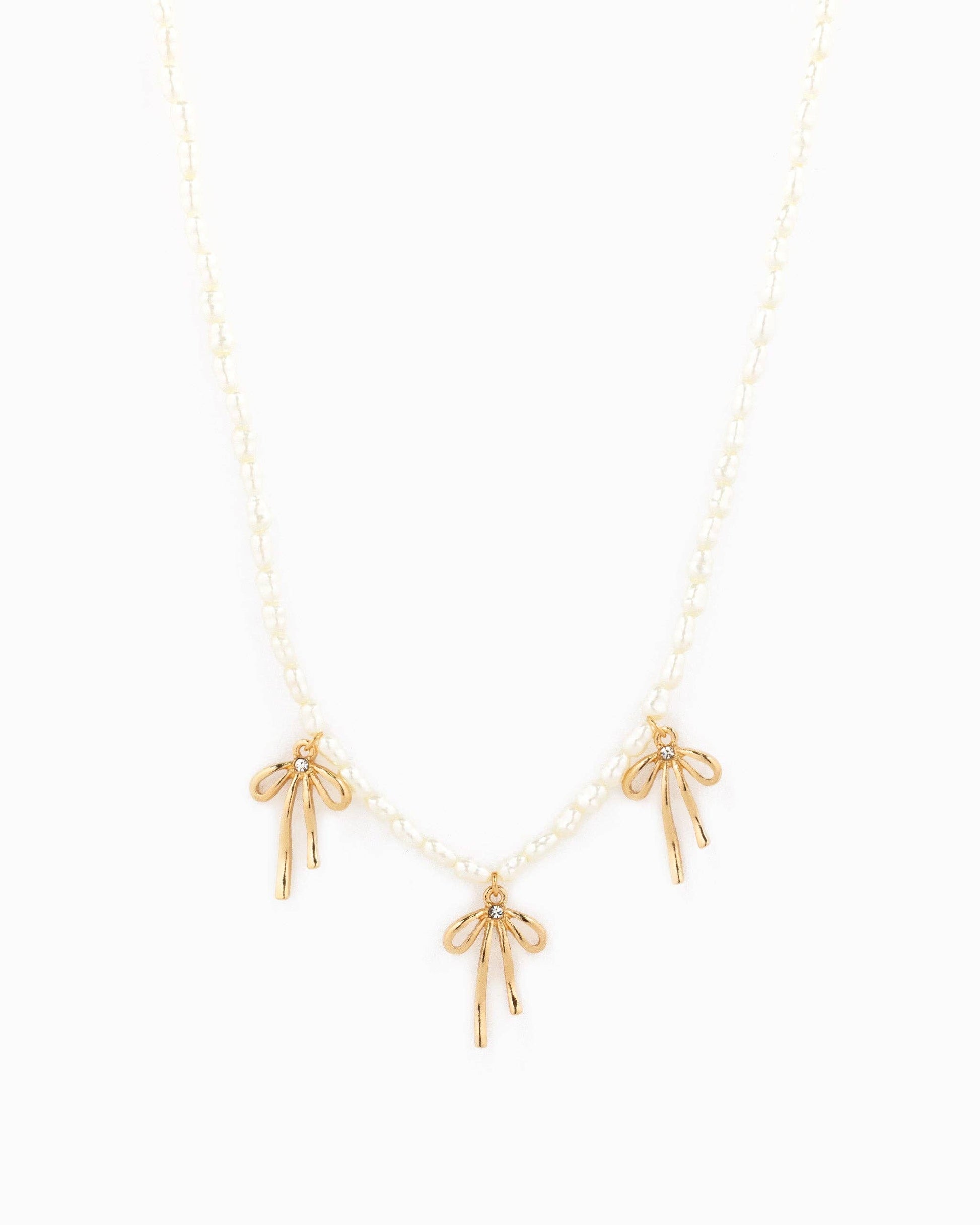 Triple Natural Bow Station Pendants Pearl Necklace, Feathered Farmhouse