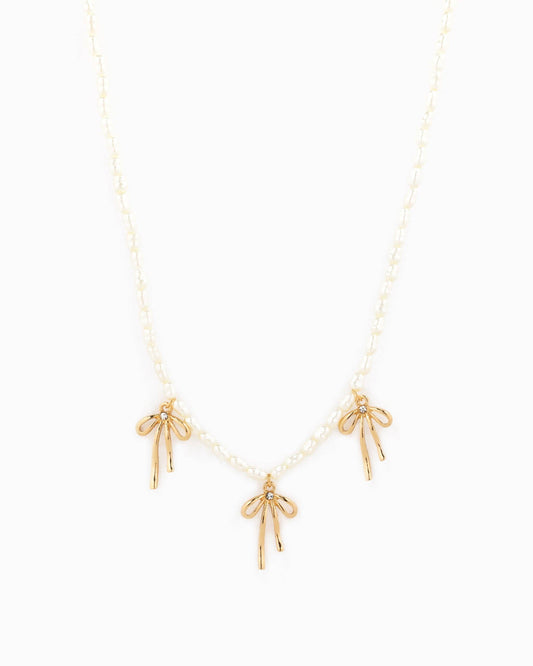 Triple Natural Bow Station Pendants Pearl Necklace, Feathered Farmhouse
