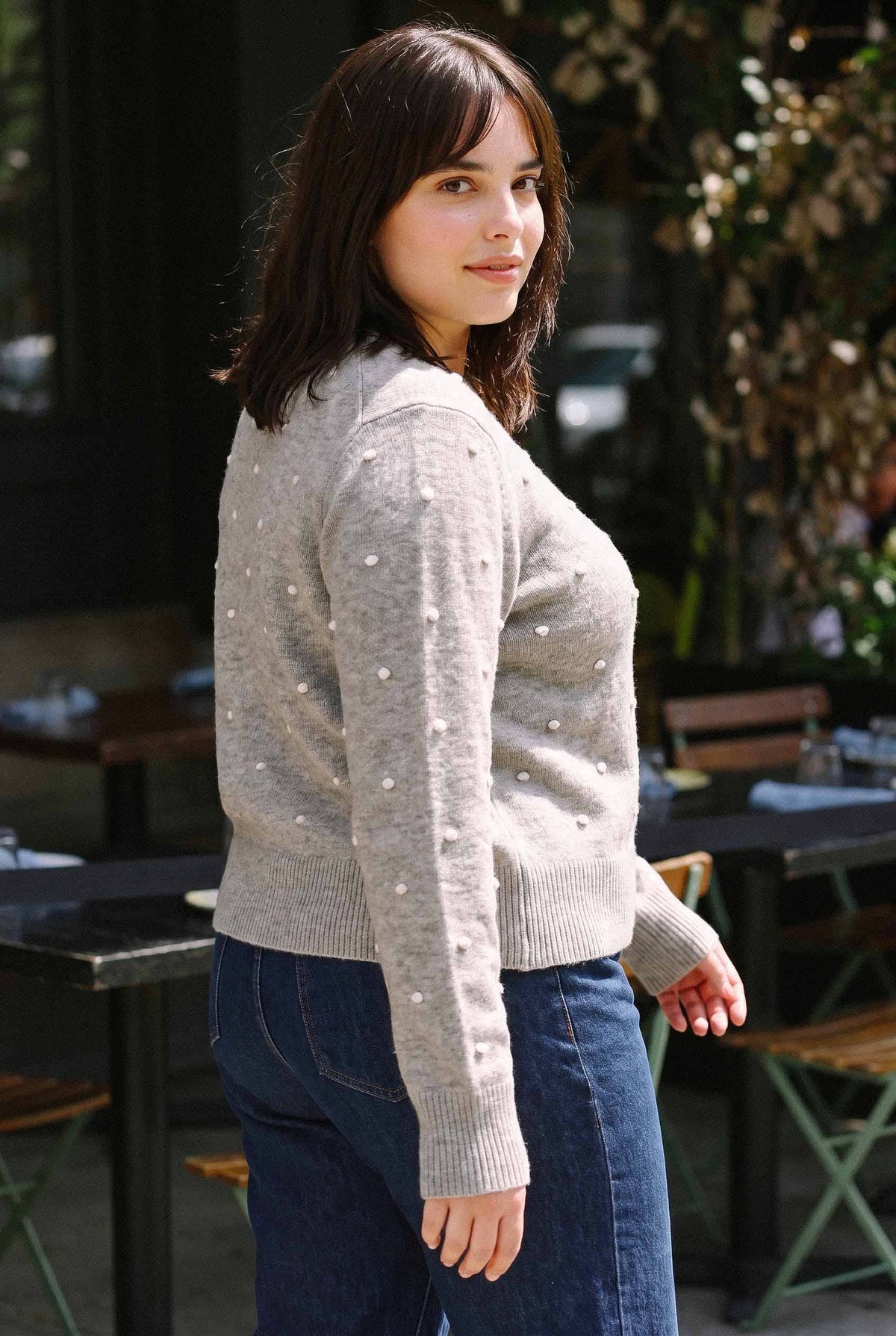 Cozy Dotted Knit Crewneck Sweater, Feathered Farmhouse