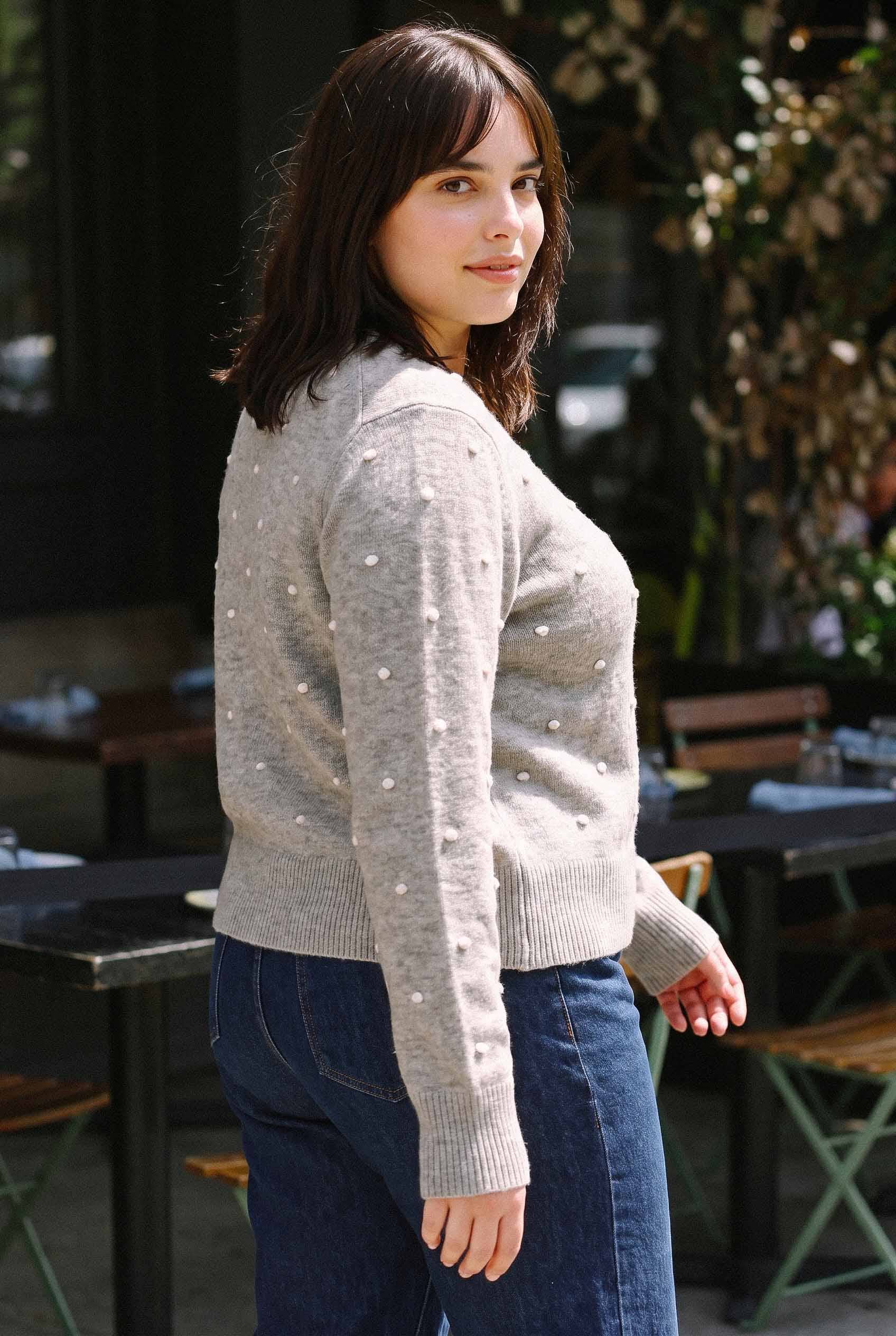 Cozy Dotted Knit Crewneck Sweater, Feathered Farmhouse