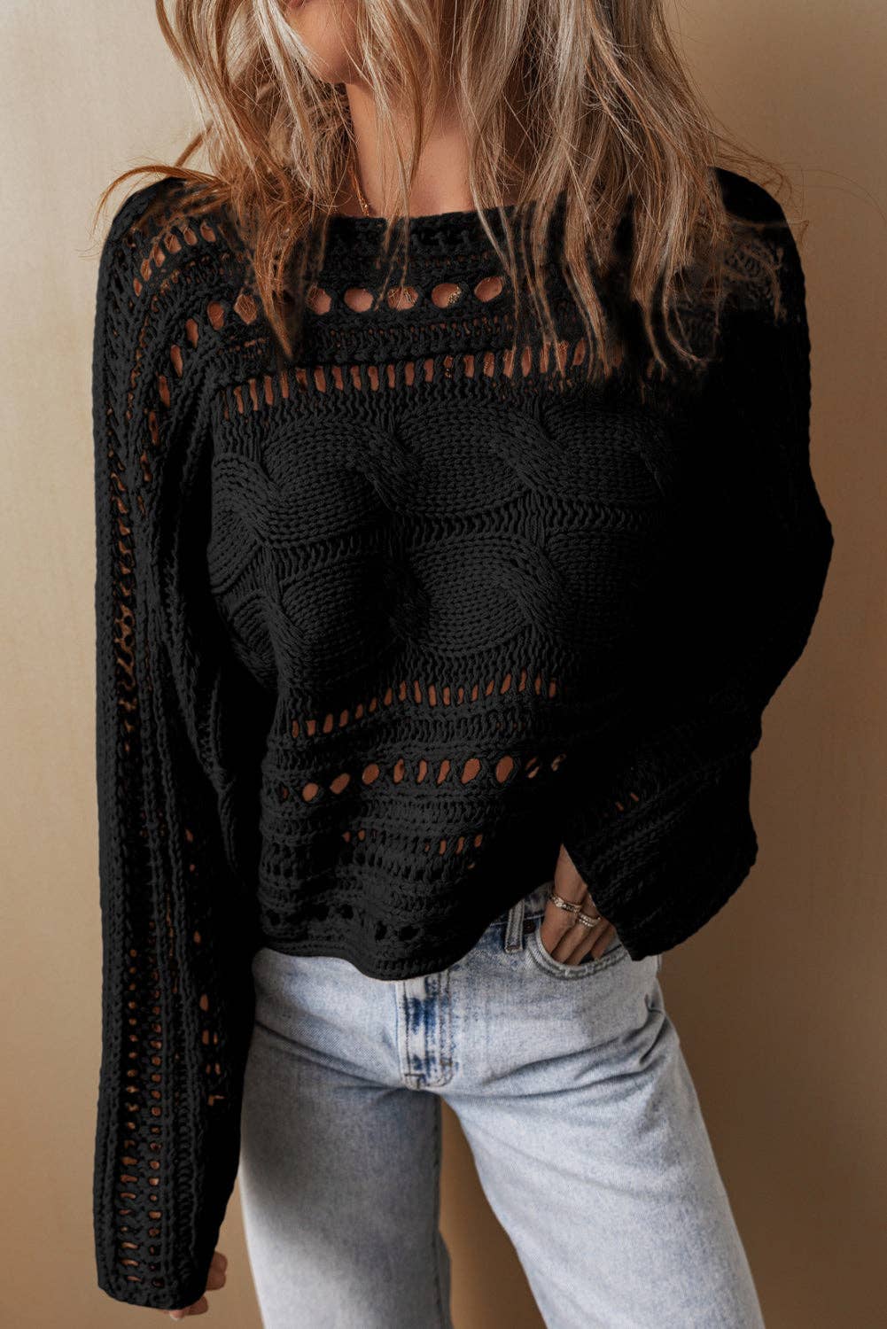 Hollowed Cable Knit Cropped Sweater, Feathered Farmhouse