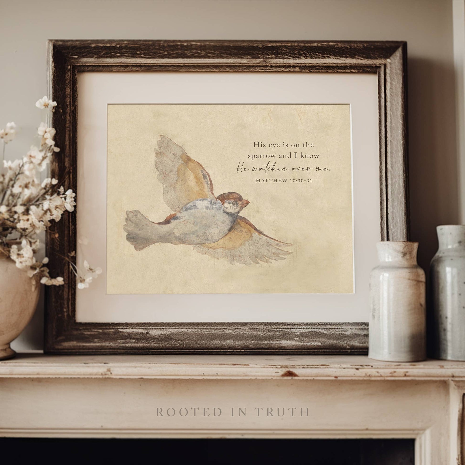 Sparrow Scripture Wall Art Print, Feathered Farmhouse