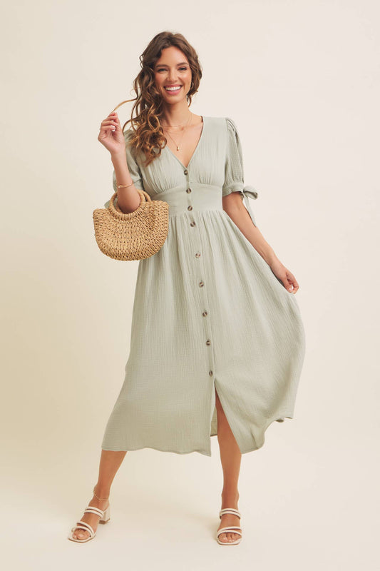 Cotton Gauze Button-Down Midi Dress, Feathered Farmhouse